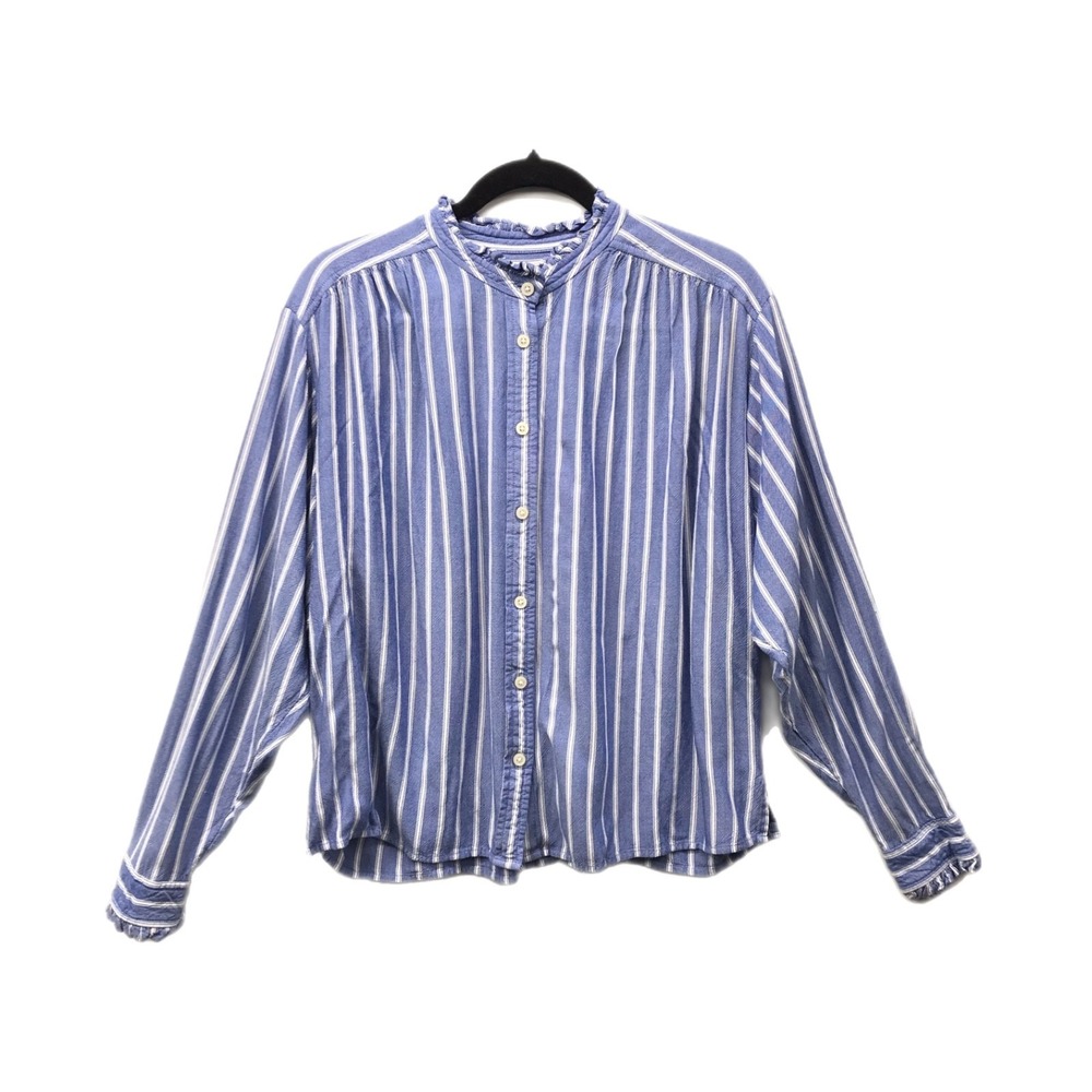 LOFT Blue Striped Ruffle High Neck Business Long Sleeve Button Up Shirt - M
